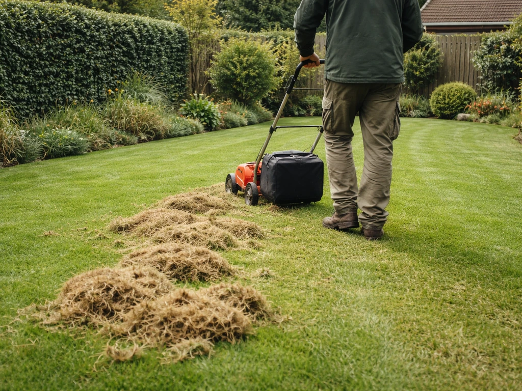 Een verticuteerhark snijdt het gazon, met zicht op vrijgekomen viltresten op de grond.