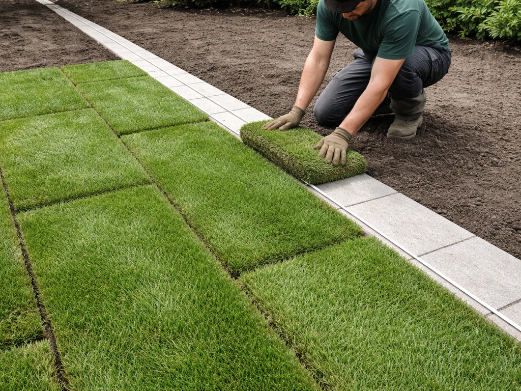 Twee personen leggen grasmatten langs een rechte terrasrand; eerste strook strak, volgende matten halfverspringend
