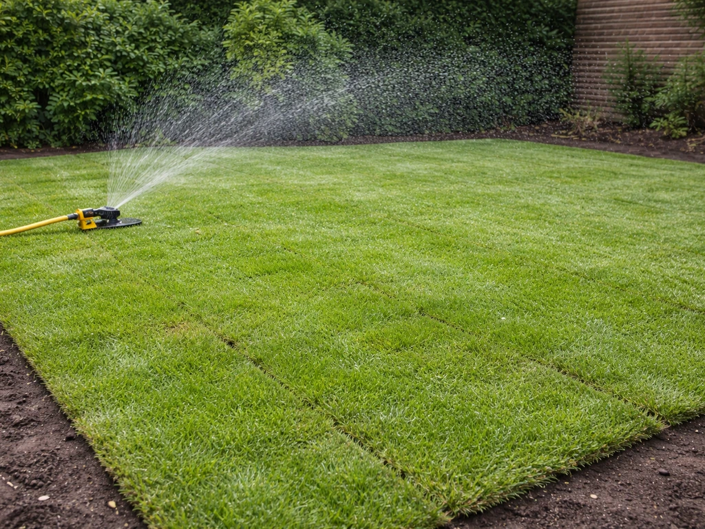 Een beregeningsslang die een net gelegd grasmattenveld gelijkmatig natmaakt zonder plassen