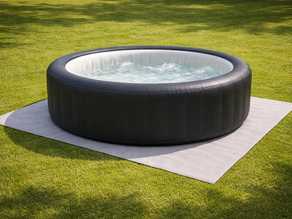 Opblaasbare jacuzzi op een gazon met beschermmat en randbescherming, netjes en vlak geplaatst