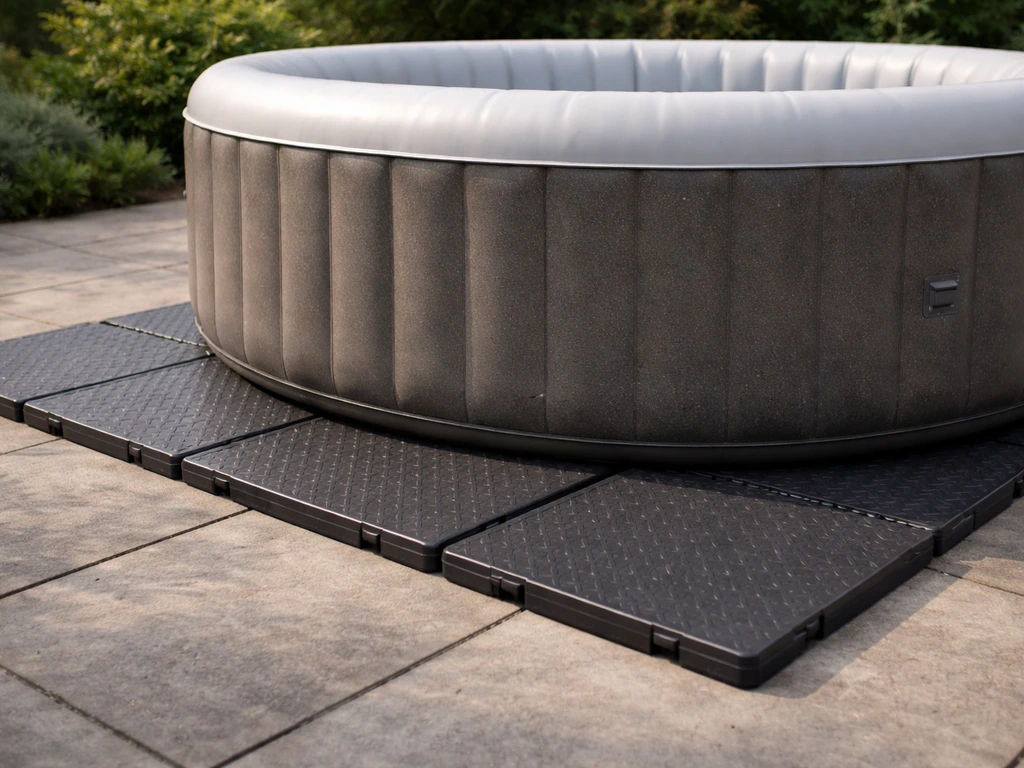 Stabiele flowplaten onder een opblaasbare jacuzzi, vlakke ondergrond bij daglicht.
