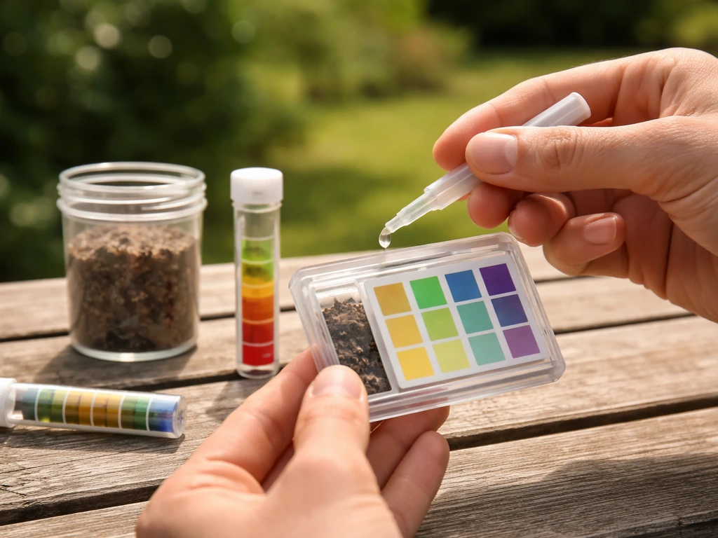 Anonieme hand gebruikt een pH-testkit op een houten tuintafel met grondmonster voor bodemtesten.