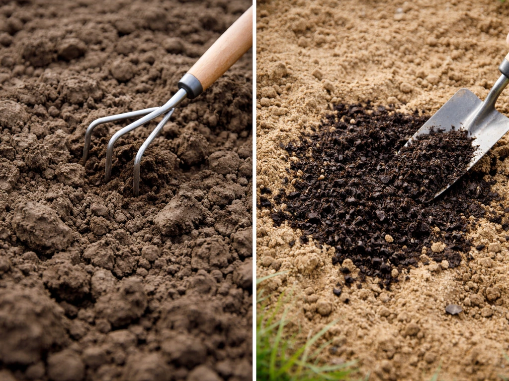 Split-screen van kleigrond links die losgemaakt wordt en zandgrond rechts met compost die wordt ingewerkt.