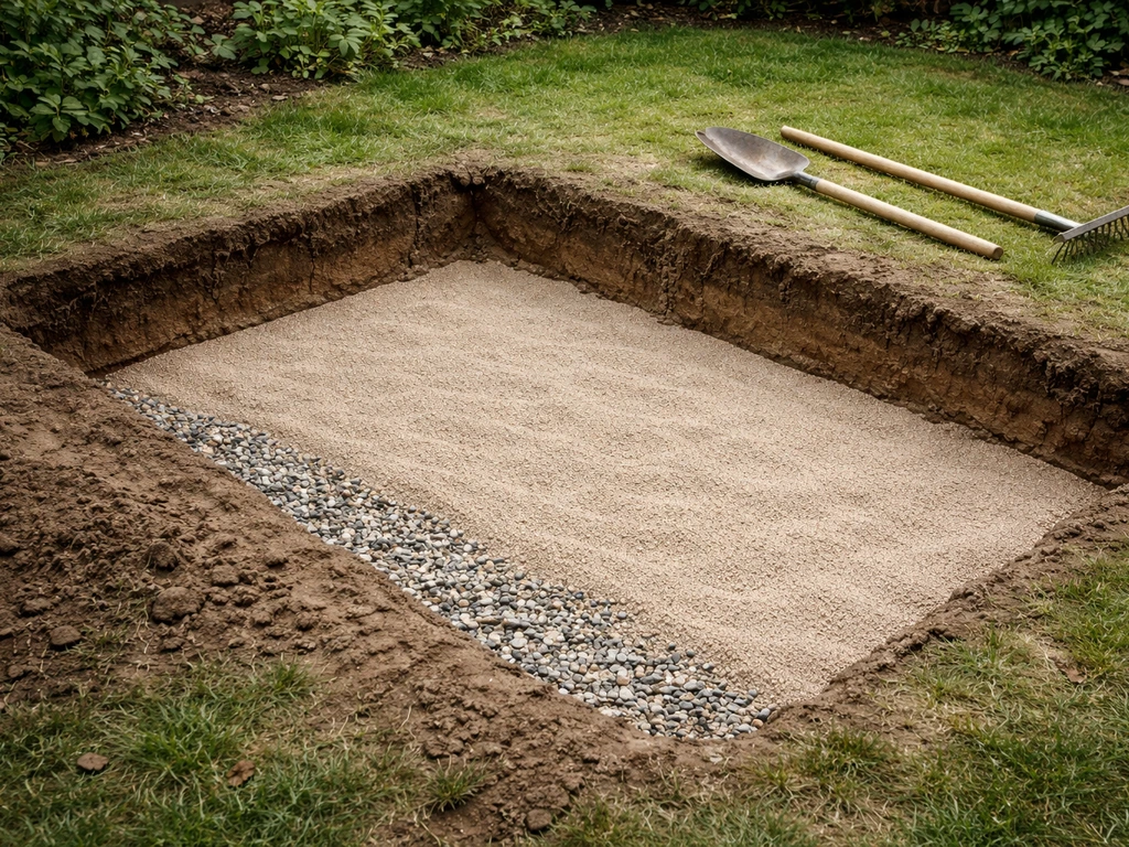 Afgegraven tuinstrook met drainagezand en steenslag, klaar om terug aan te vullen voor gazon.