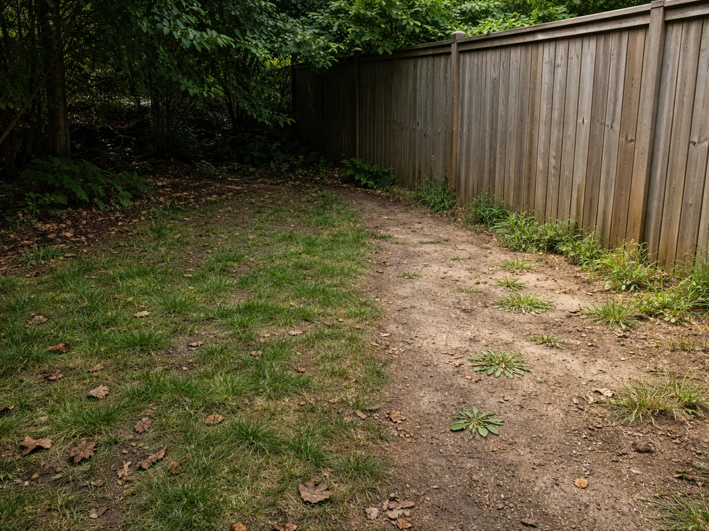 Tuin met donkere schaduwplek onder bomen en droge rand langs een schutting, bodembedekker-oplossing in beeld