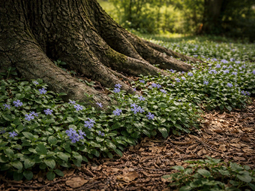 Close-up van een dicht groeiende bodembedekker tussen boomwortels met bladafval en mulch onder bomen
