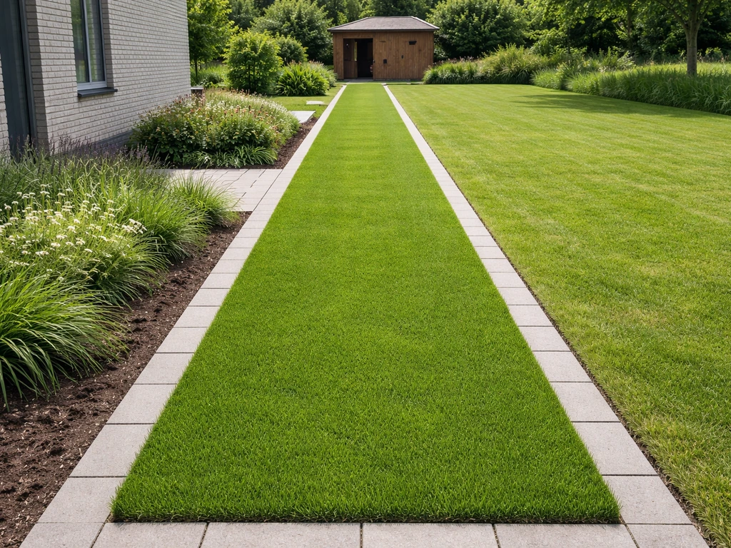Strak aangelegd looppad gras in een tuin, van woning naar schuur, droog en zonder modder.