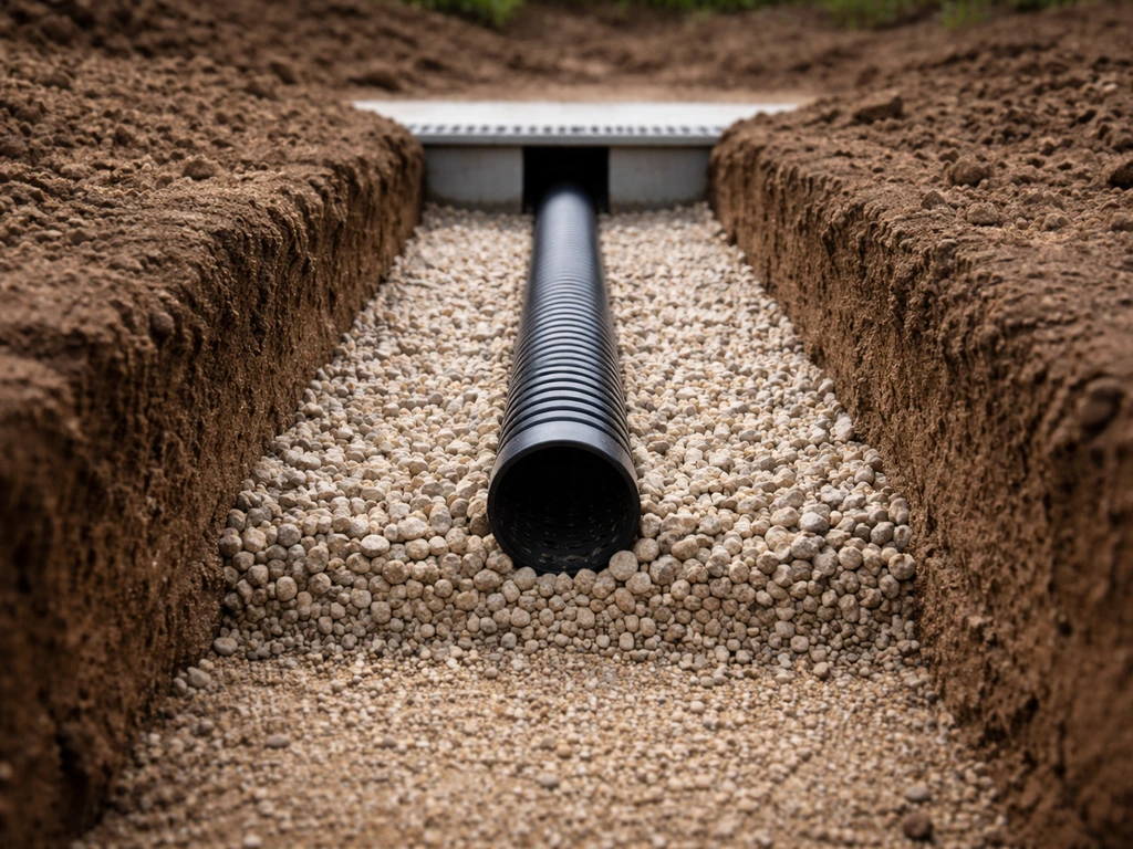 Uitgegraven tuinstrook met afschot, drainagebuis en grindpakket richting draingoot voor regenwaterafvoer.