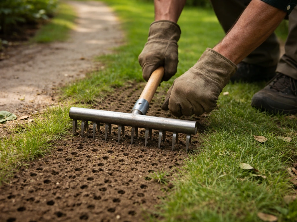 Tuinier die een grasstrook langs een looppad belucht met een verticuteer-/priktool, met zichtbare prikgaten.