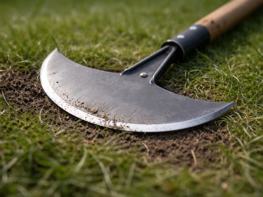 Close-up van een halvemaanvormige kantensteker met scherpe snijrand op het gras, klaar om grasranden af te steken