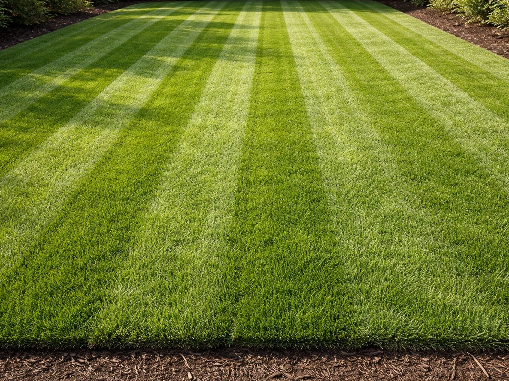Strakke, evenwijdige maaistroken op een groen gazon met licht/donker contrast.