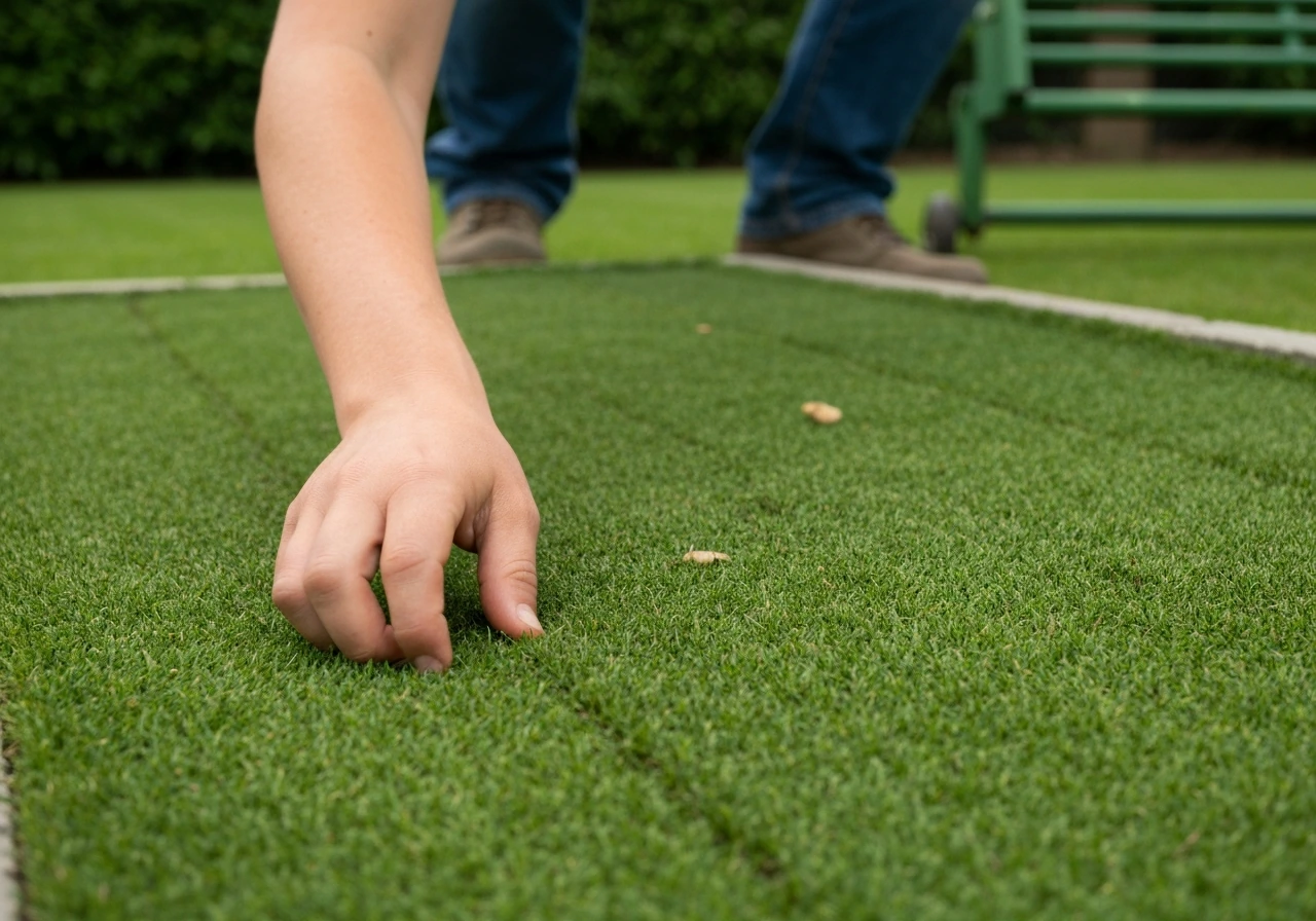 Tuinier op handen en knieën die de ondergrond van een gazon controleert voor strakke maai-/rolbelijning.