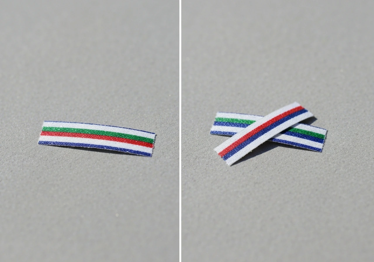 Twee naast elkaar geplakte strookjes folie met verschillende overlap op een effen ondergrond