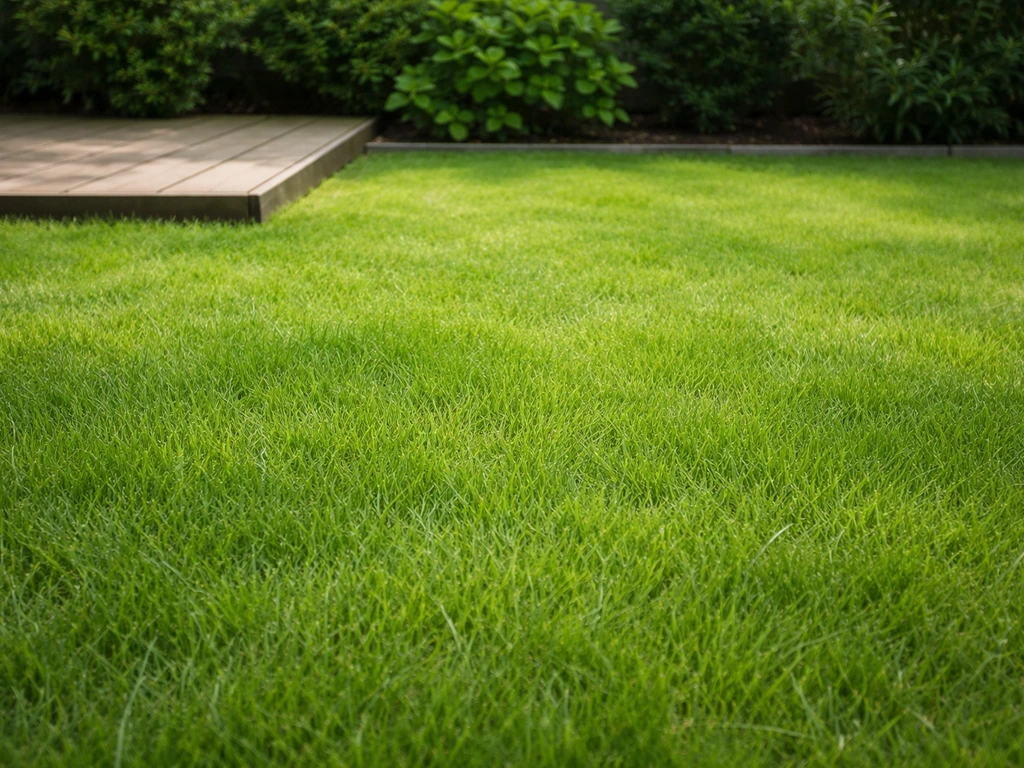 Dicht, groen Nederlands gazon in een rustige achtertuin met zonlicht en nette grasranden