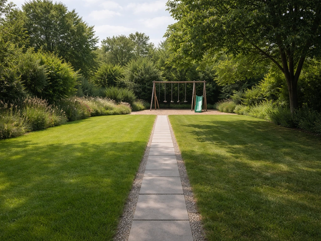 Tuin met zonplek, schaduwplek en een grasstrook bij een speelgedeelte, benadrukt verschil in omstandigheden.