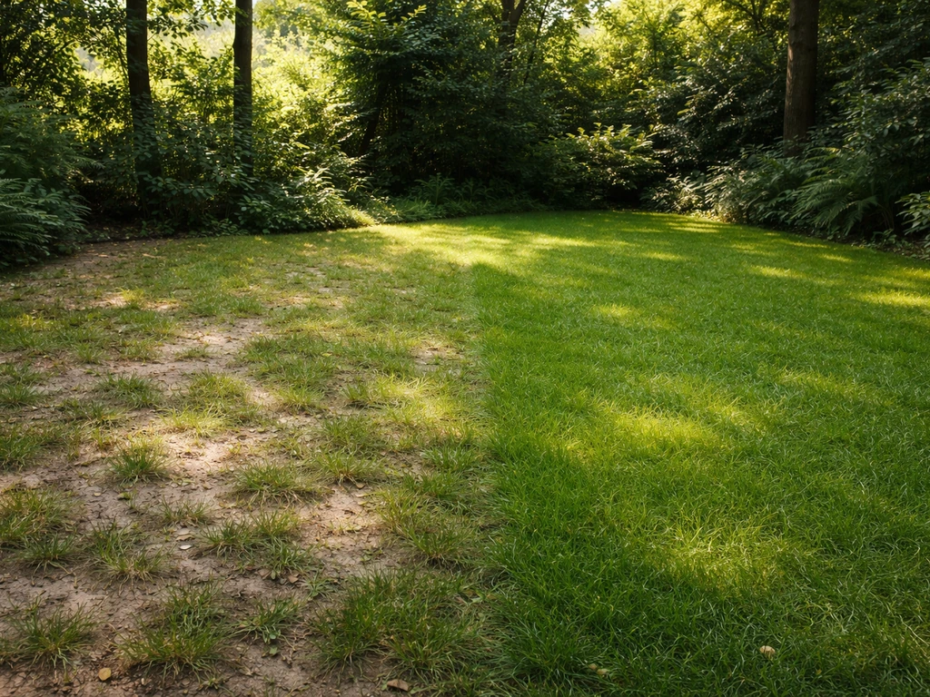 Schaduwrijk stuk tuin met dunne grasmat naast een dichter, groen schaduwgazon onder bomen