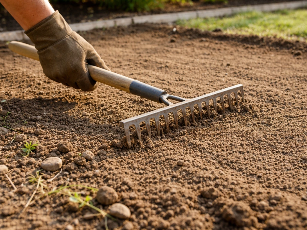Handen die aarde egaliseren met een hark, met zichtbare onkruiden en stenen op de grond op een tuinpad