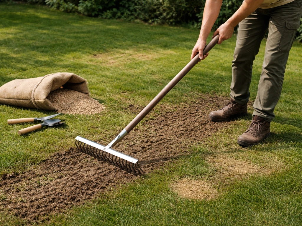 Tuinman met verticuteerhark en zaaimengsel aan het gazon, direct herstel van kale plekken.
