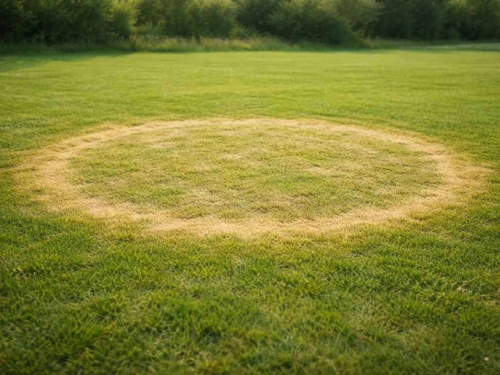 Leeg zwembad op grasveld met zichtbare lichte vergeling en grasrand rond de plek waar het bad stond