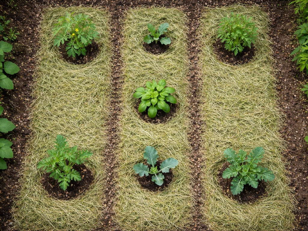 Bovenaanzicht van een tuinperk met stroken gedroogd grasmaaisel als mulchlaag tussen planten, netjes afgewerkt