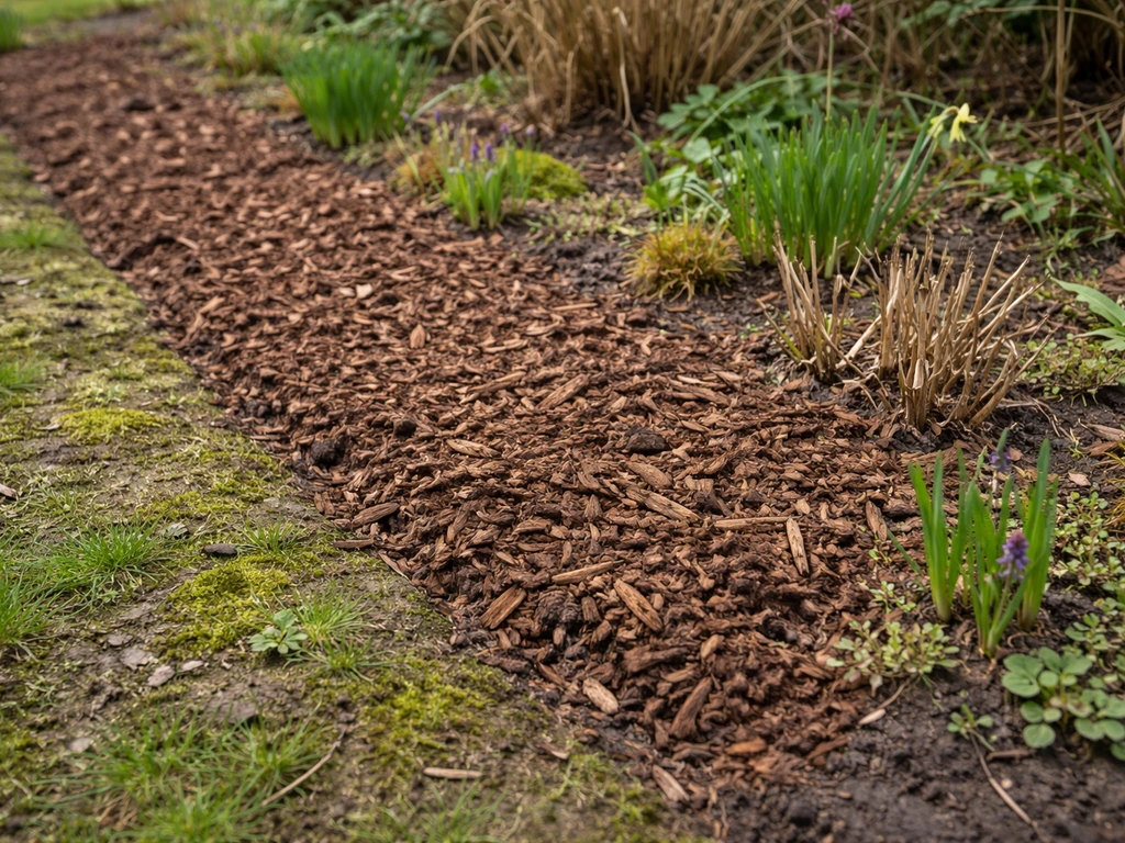 Border in voorjaar met onkruid en bemoste grond, waarop een nieuwe mulchlaag is aangebracht