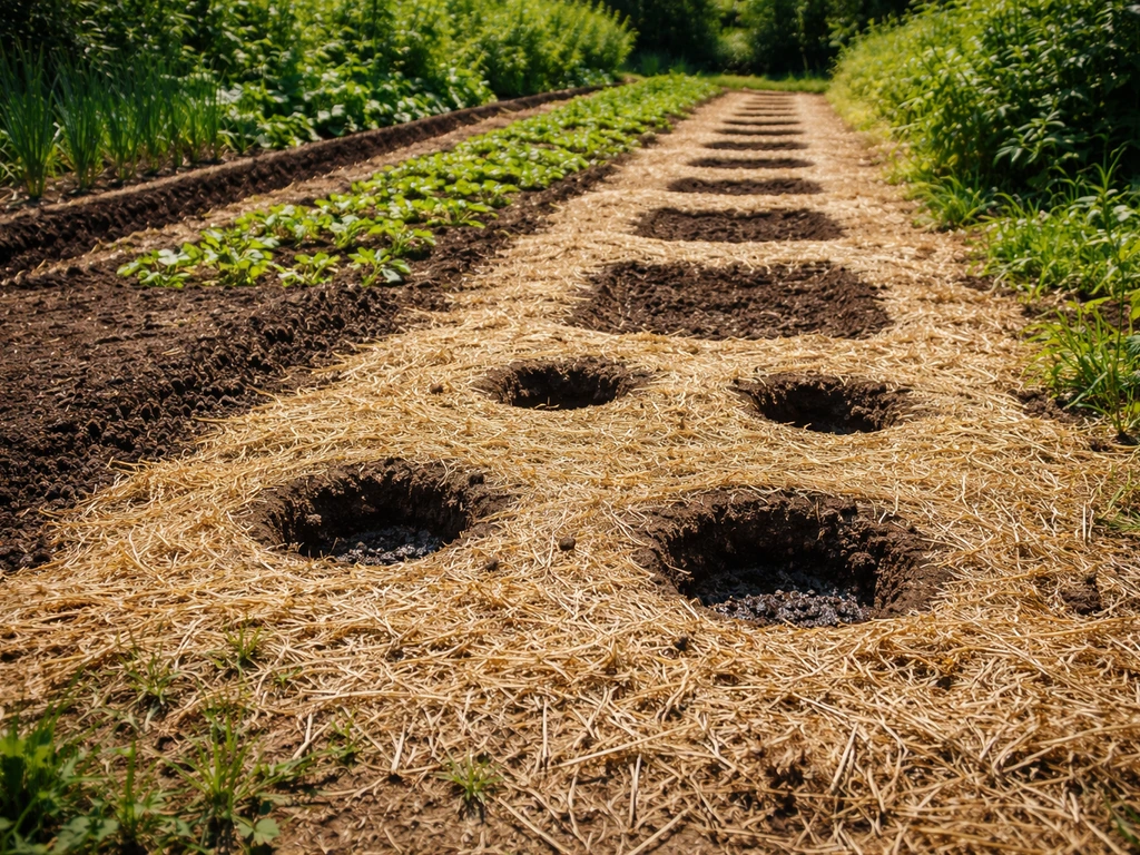 Tuinbodem na mulchen met ingekrompen gras-mulchlaag, met gereedgemaakte plantgaten voor nazorg (planten/zaaien).