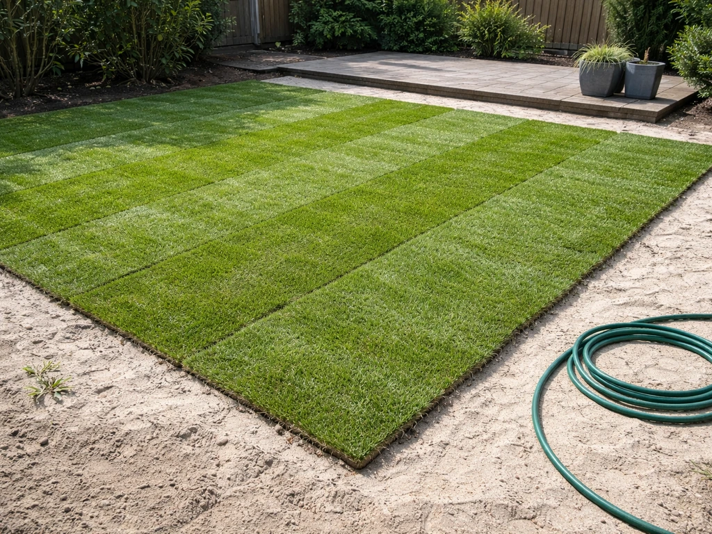 Voortuin met pas gelegde graszoden op licht zand, strak uitgelijnde banen en zichtbare onderlaag.