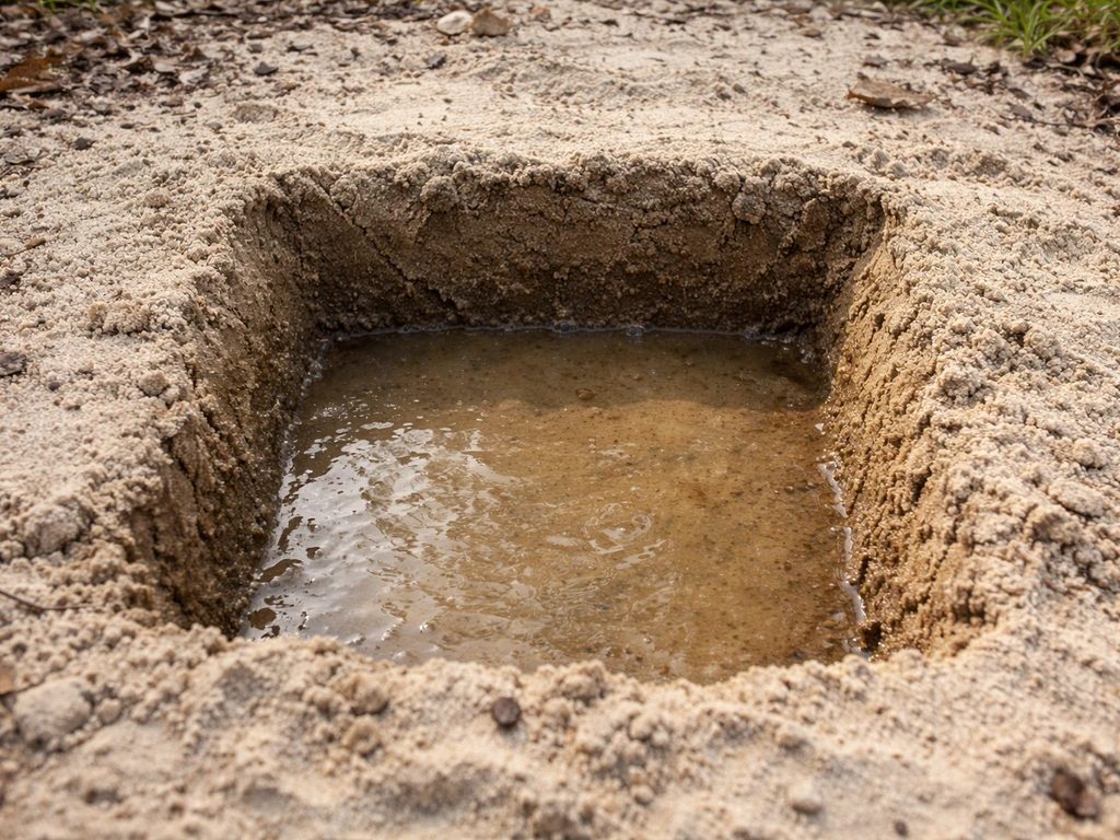 Gegraven drainage-testgat met water in wit zandgrond; water zakt weg en toont nat/droog verschil.