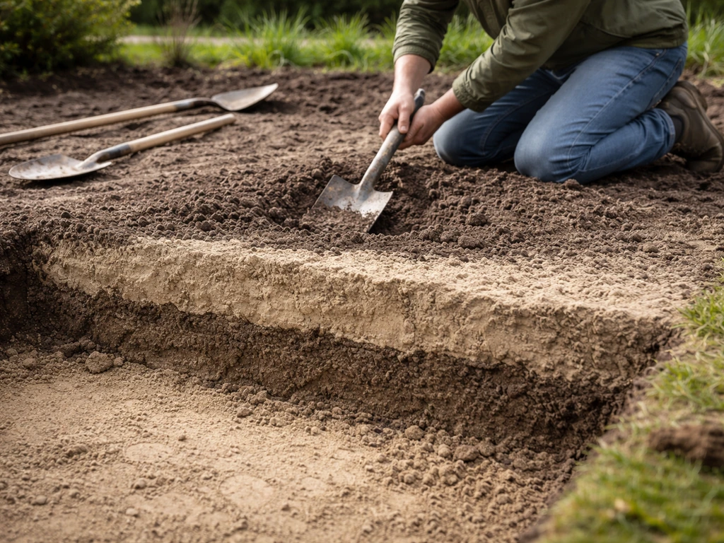 Tuinwerker graaft en legt zandgrondlagen op met schone teelaarde voor een egale laagopbouw.