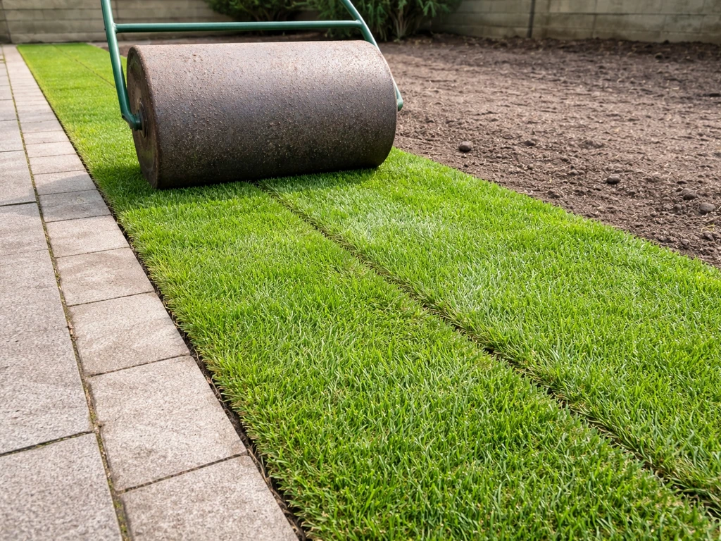 Tuininzet: graszoden worden vlak aangedrukt met een tuinwals op een net gelegd tuinpad