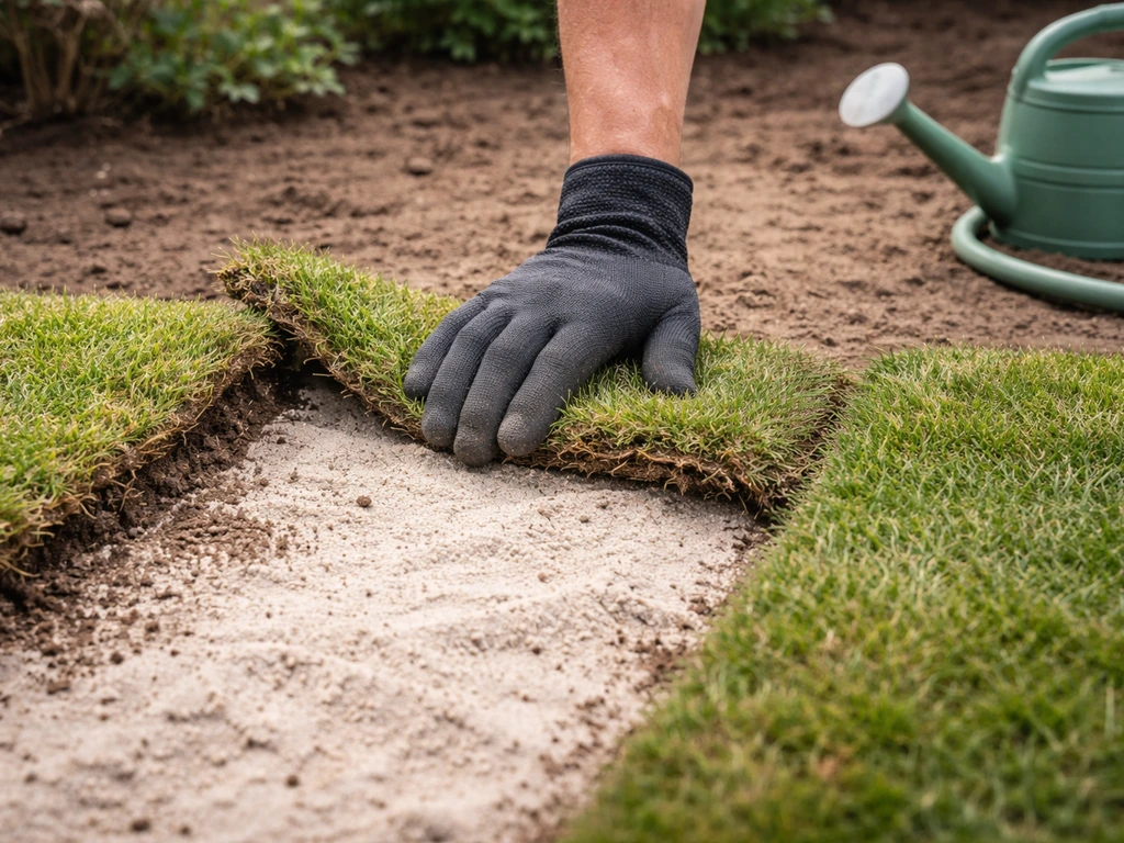 Tuinier die wit zand aanraakt bij losgeraakte graszoden; vlak daarnaast stevig aangedrukte zoden na water geven.